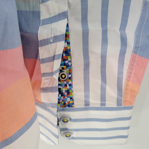 Robert Graham Mens Button Up Shirt XL White Blue Striped Geometric Flip Cuffs - Picture 7 of 16